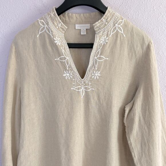 Charter Club Women Beige 100% Linen Embroidered Peasant Style Top Size 14 - Picture 2 of 8